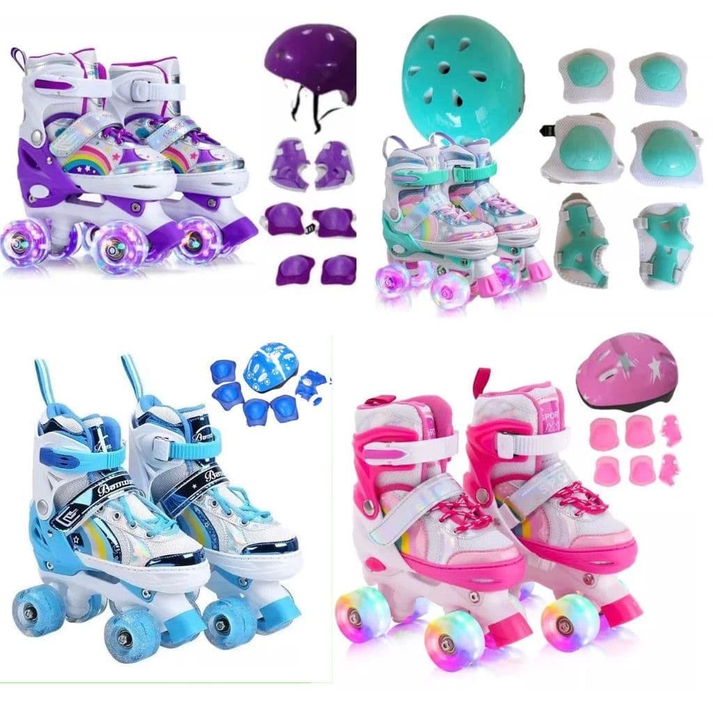Patins 4 Rodas Infantil Ajustável Arco Íris, Sereia, Dinossauro TODOS c Led nas Rodas e Kit Proteção