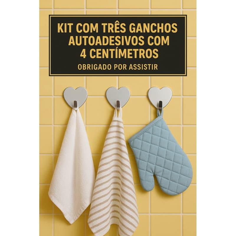 3 Ganchos adesivo em Aço inox formato de coração com fita auto colante.
