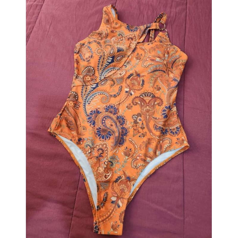 Maiô Monokini Vazado Estampado Paisley de Praia de Verão, Impressão Aleatória