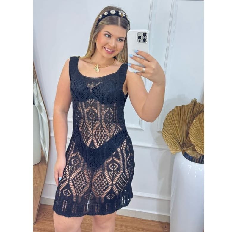 Vestido Saída De Praia Tricot Bella  Ponto Crochê Rendada Moda Feminina Verão Charmilly Tricot