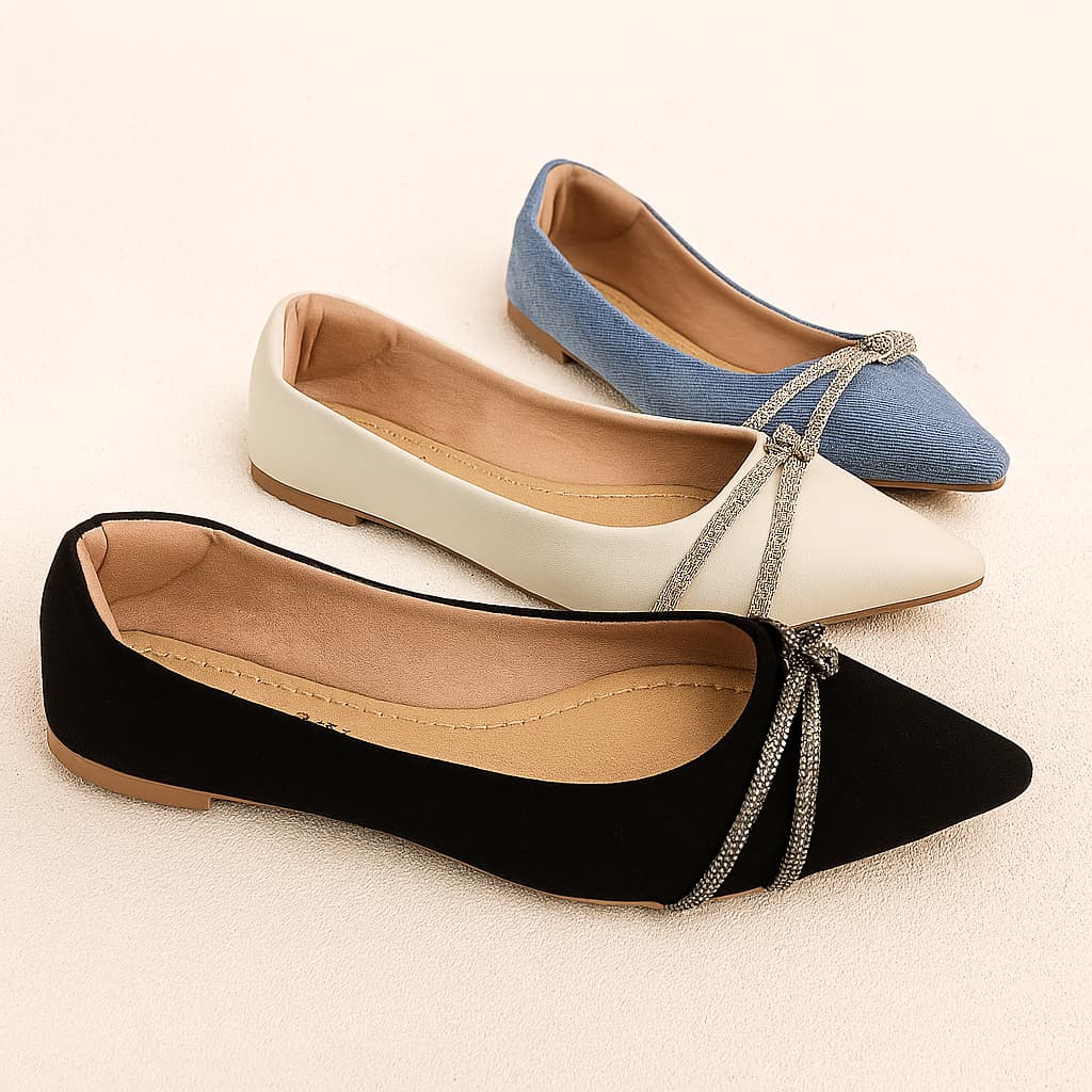 Sapatilha Feminina Bico Fino Detalhe Tiras Nó Strass Elegante Confortável Delicado Casual Hope Shoes