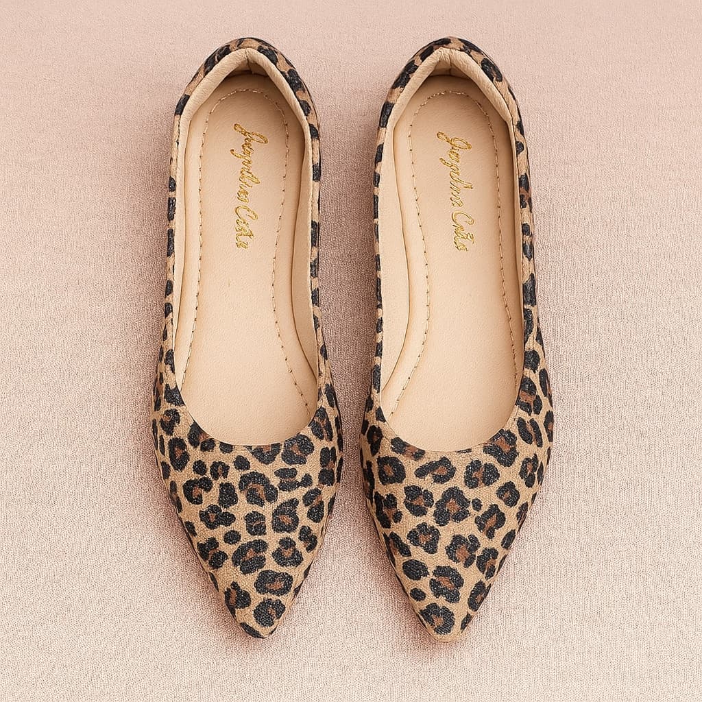Sapatilha Feminina Bico Fino Animal Print Onça Confortável Leve Estiloso Dia a Dia Hope Shoes