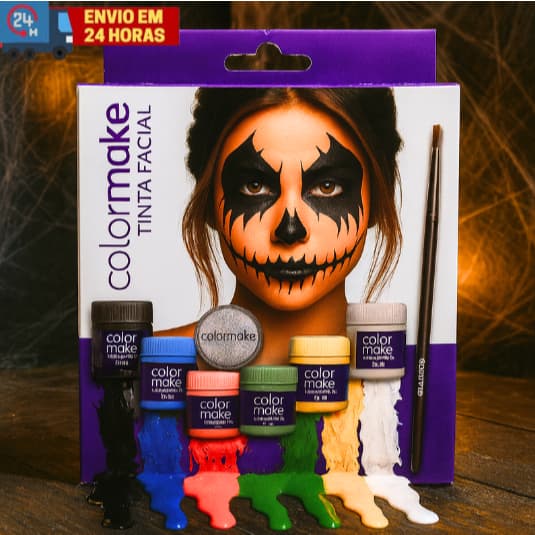 Maquiagem Tinta Facial Colormake Profissional - 6 Cores + Pincel + Glitter Make Halloween Carnaval
