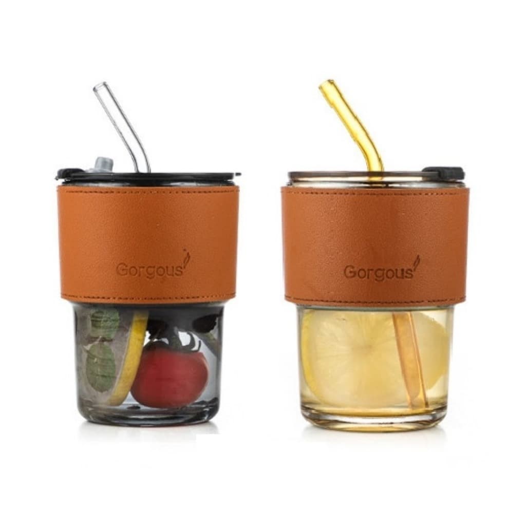 Copo De Vidro Hermético 400ml Tampa Canudo Capa Couro