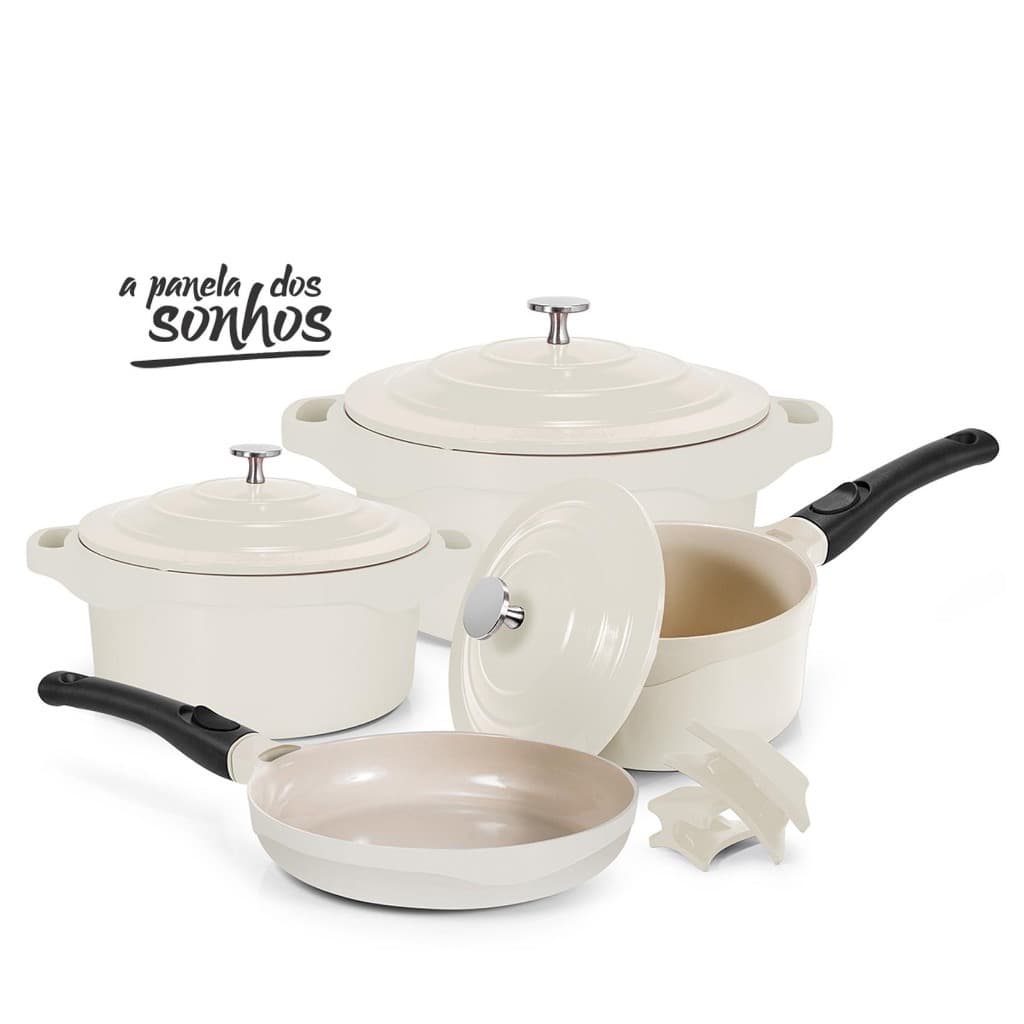 Jogo De Panelas Antiaderente Revestimento Ceramico Indução 4 Peças Creme Le Cook