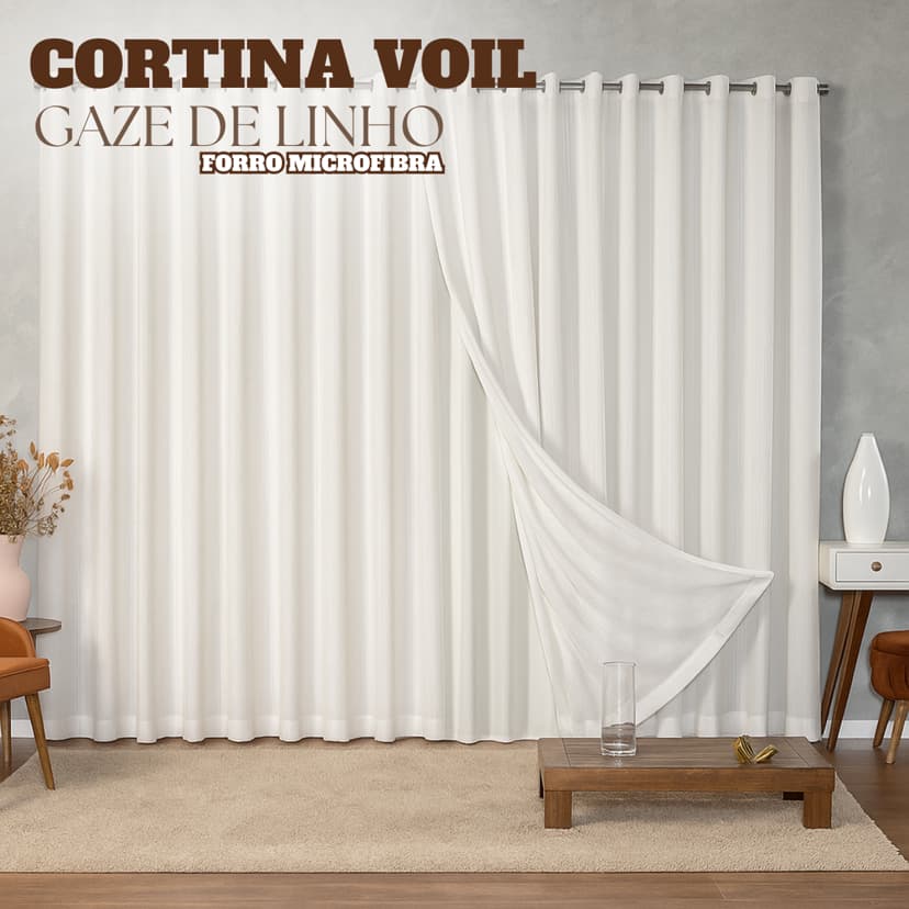 Cortina Voil Gaze de Linho 5,00 x 2,40/2,50/2,60/2,80m c/ Forro de Microfibra