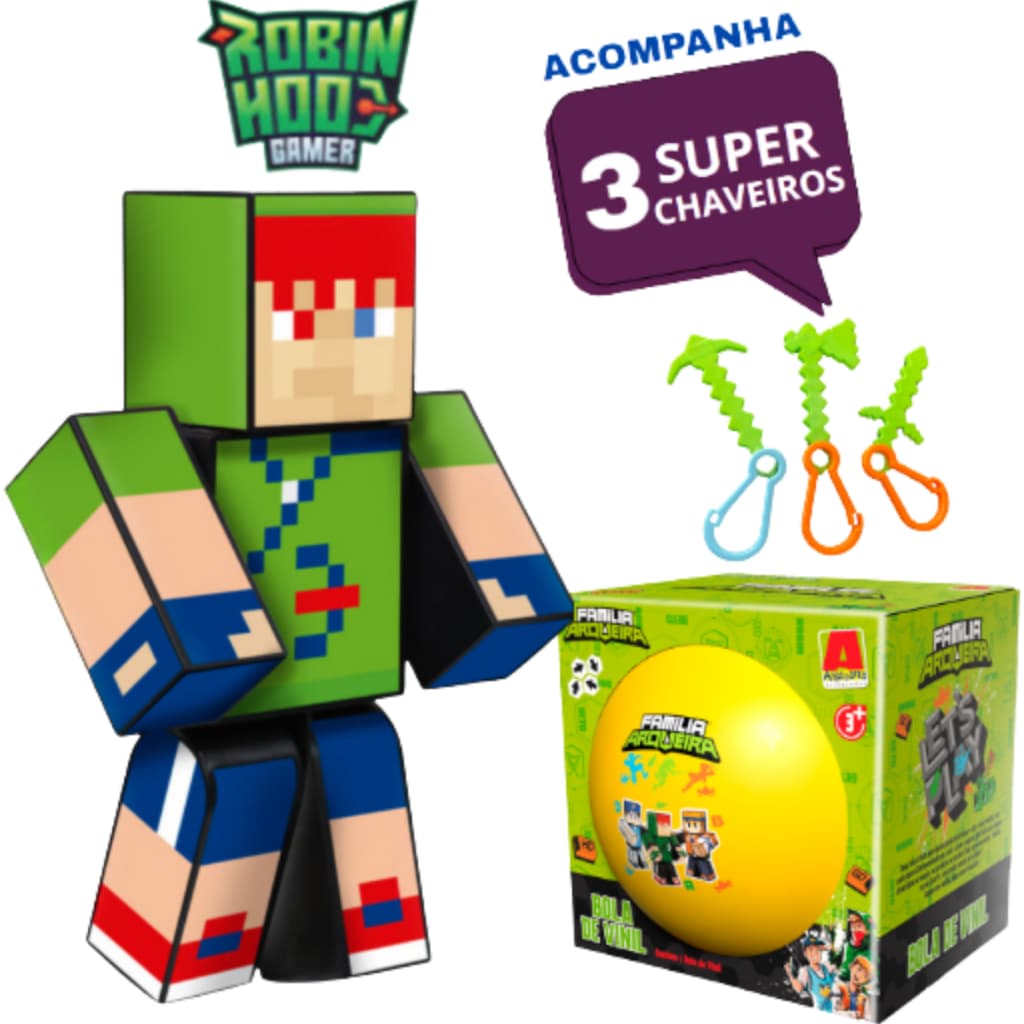 Boneco Kit Robin Hood 25cm + 3 Chaveiros Craft + Bola Vinil, Youtuber Gamer