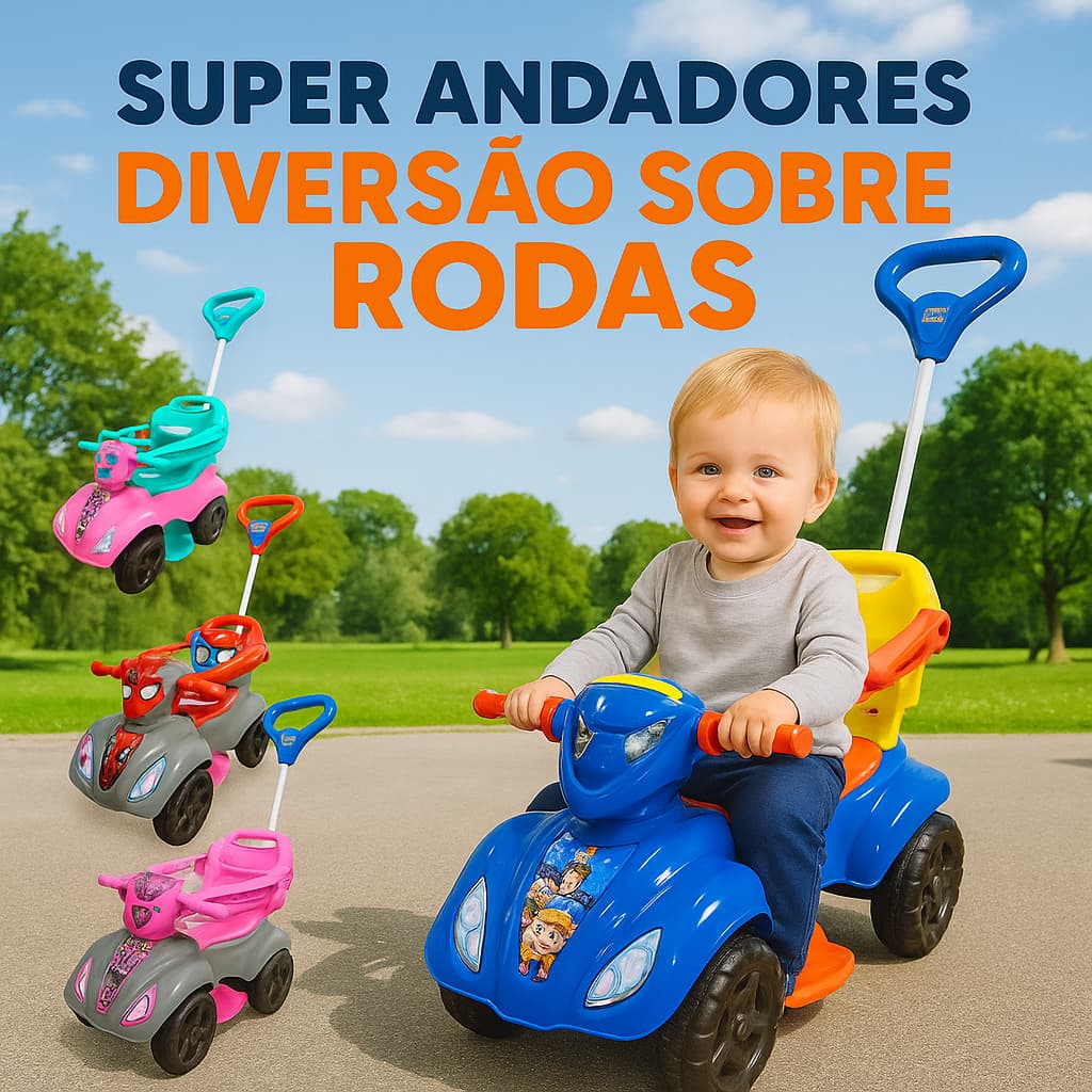 Carrinho de Passeio Quadriciclo Infantil Pedal Empurrador Motoquinha Menino Menina Azul Rosa