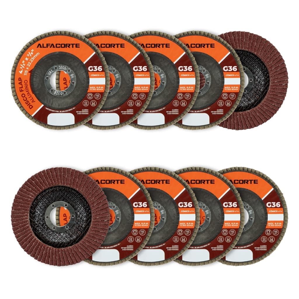 Kit 10 Un Discos De Lixa Flap Grão 36 Óxido de Aluminio 4.1/2 x 7/8 (115 x 22,23mm) Para Lixadeira