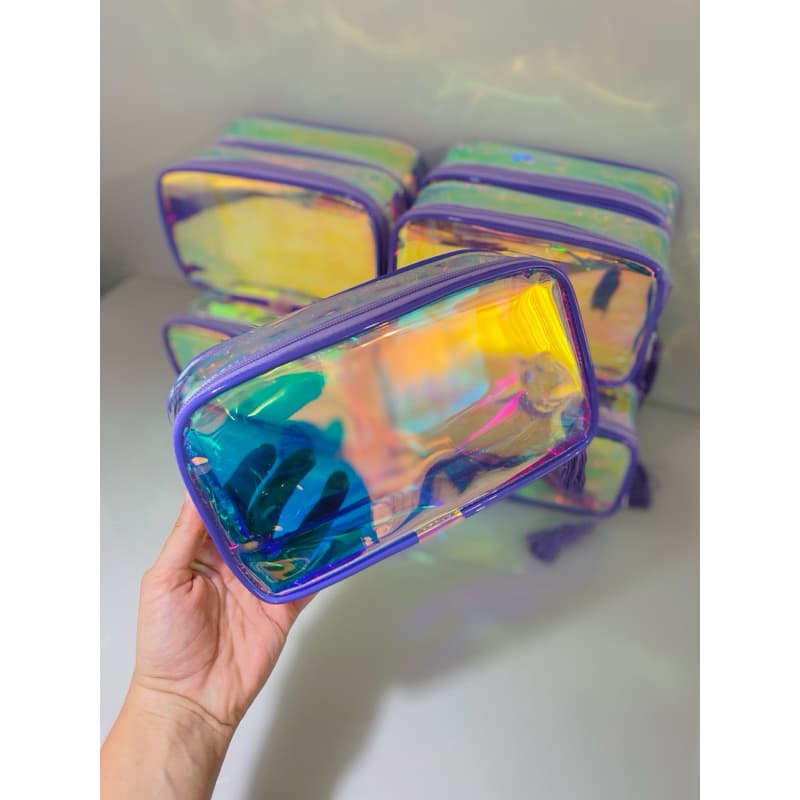 Necessaire Estojo de Plástico Transparente Holográfico para Maquiagem Kit Higiene Adutlo Infantil Escolar Presentes