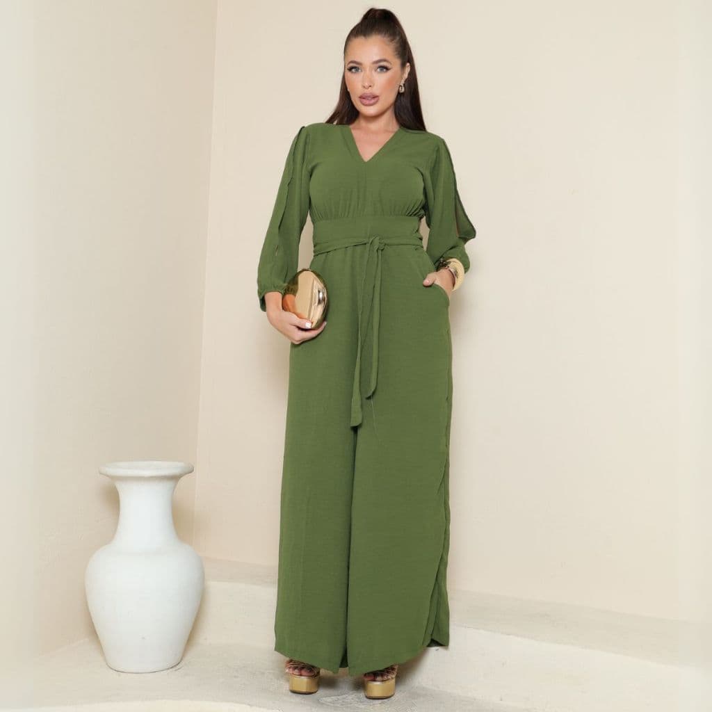 Macacão Pantalona Manga Longa Amarração Alfaiataria Elegante