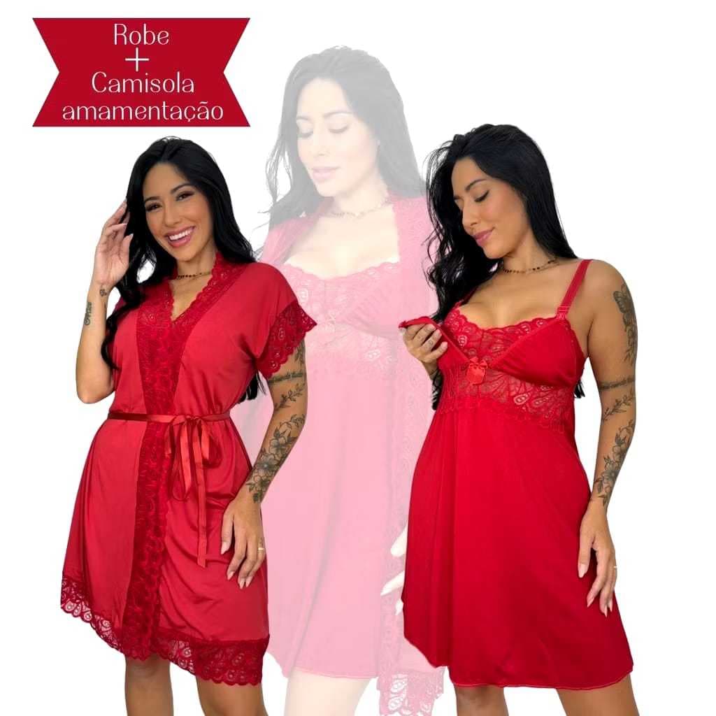 Kit Robe Roupão e Camisola Amamentação Pós Parto Liso Renda Maternidade Gestante