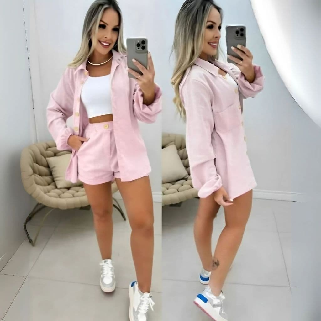 Conjunto de camisa manga longa e short femenina fucsia