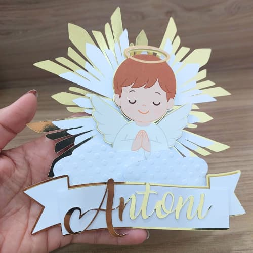 Topo de Bolo Batizado Menino 3D | Eucaristia | Crisma | Personalizado com Nome | Batizado | Envio Imediato