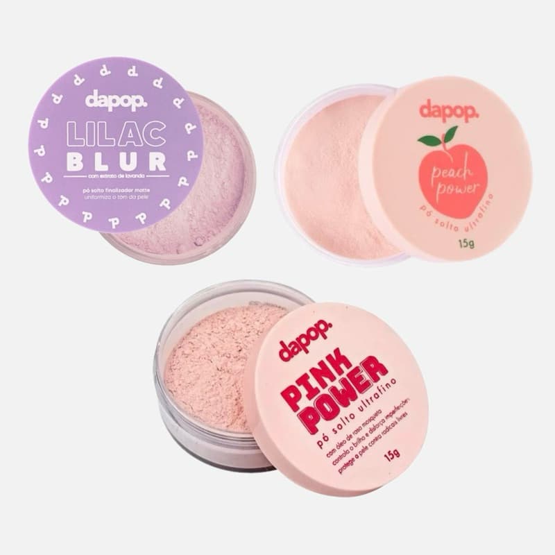 Kit com 3 pó solto dapop ultrafino pink power peach power lilac blur
