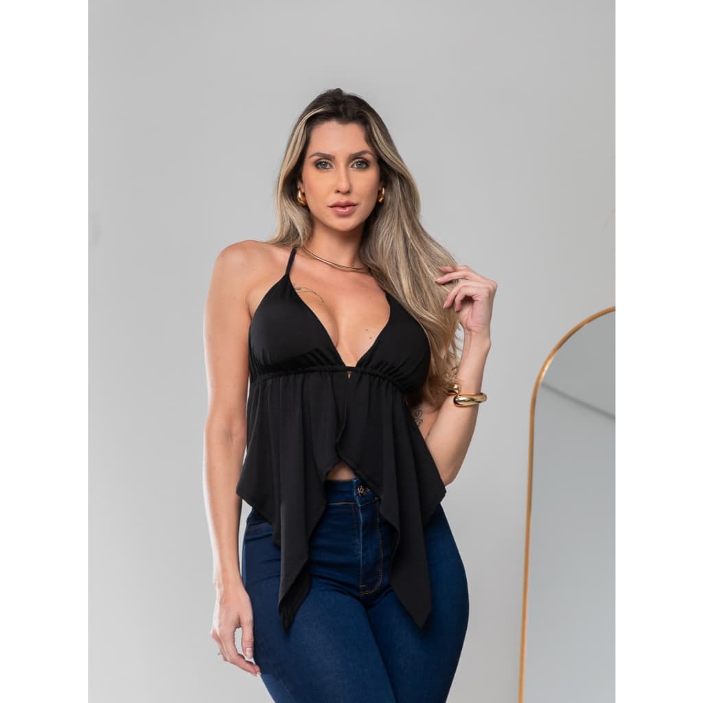Blusa Top Com Bojo Amarraçao Nas Costas e Barra Assimetrica