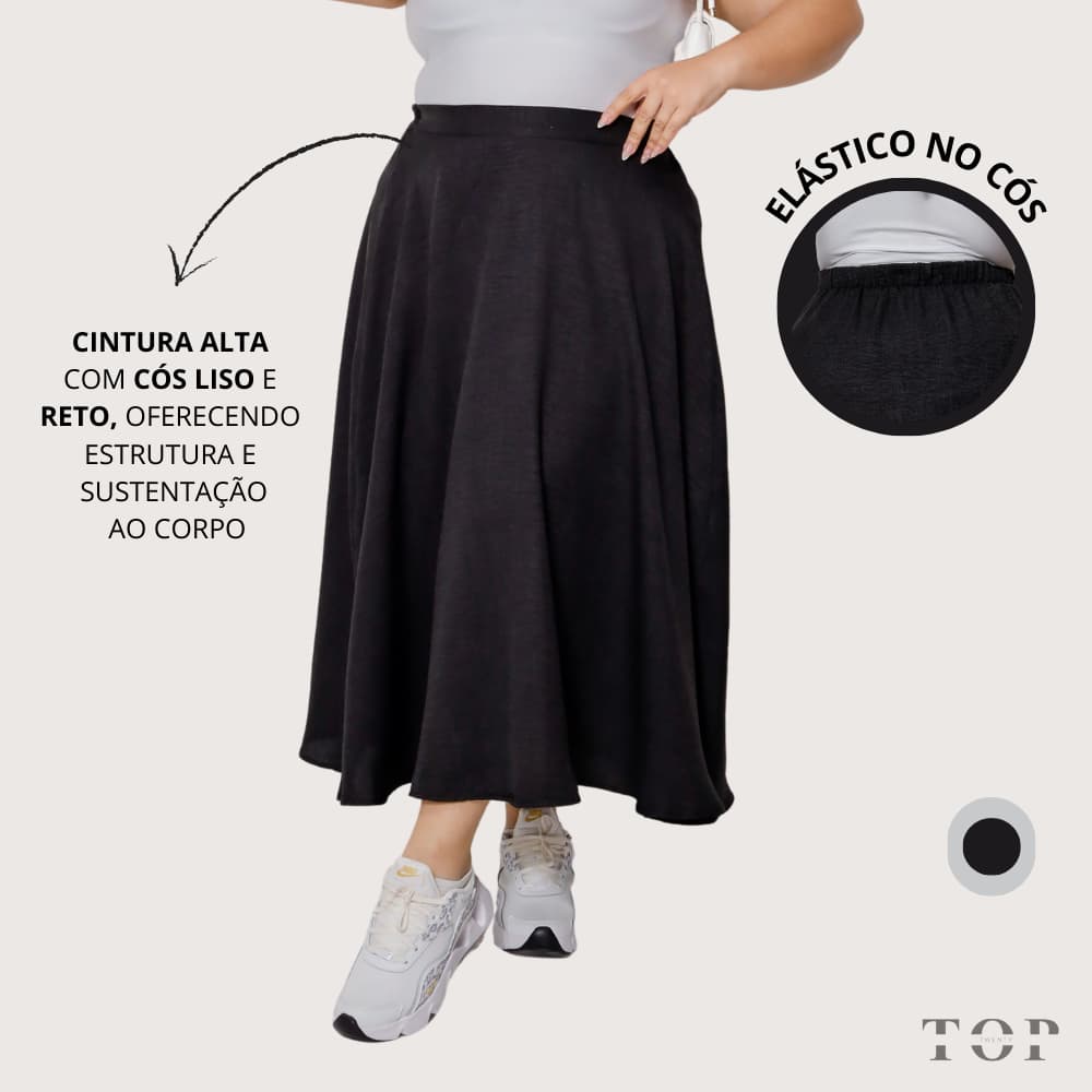 Saia Midi Rodada Plus Size Preta Elástico atrás – Cintura Alta, Caimento Perfeito e Estilo Elegante