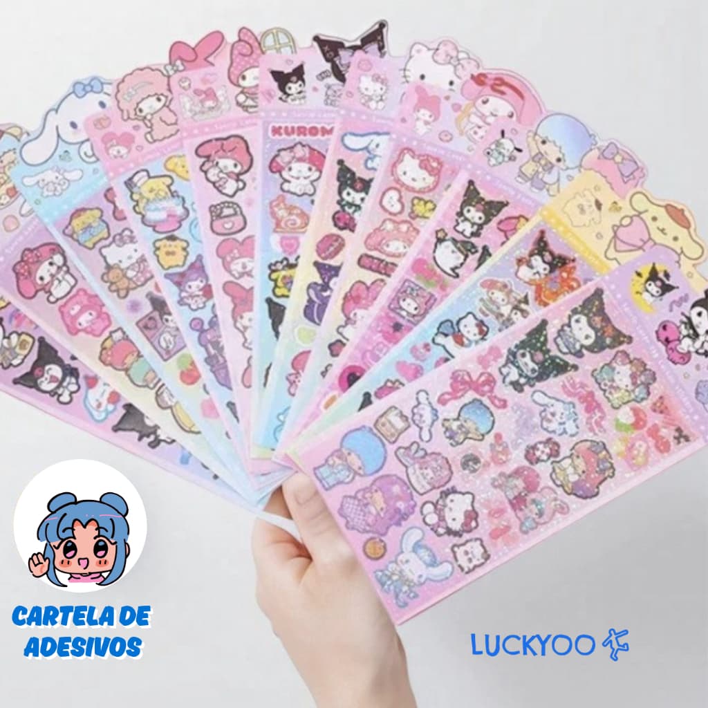 Kit 2/4/6/8 Cartela de Adesivos Sanrio Kawaii Tema Fofo Japonês Autocolante Escolar Decorar Caderno Scrapbook Diy ASMR