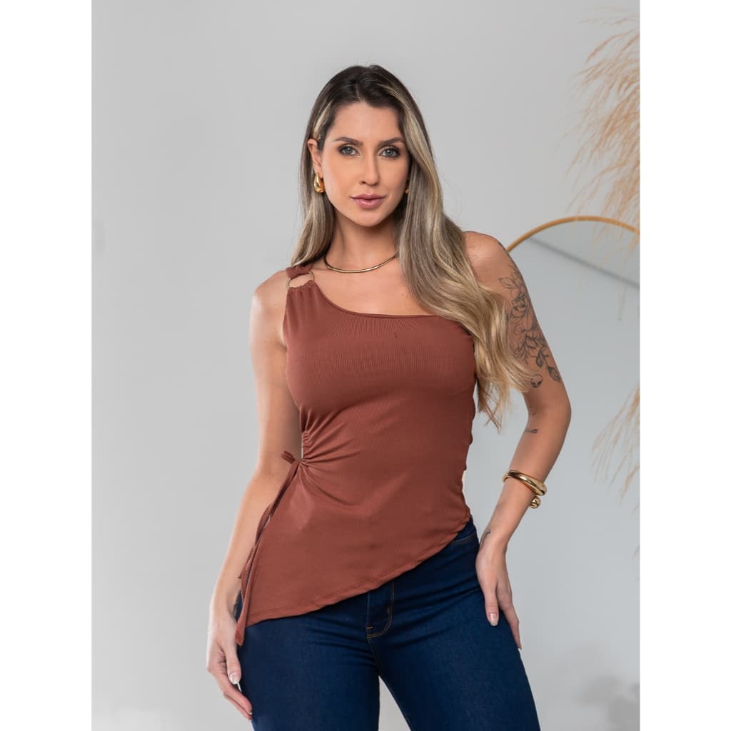 Blusa Feminino Ombro so Mula Manca Com Bojo Assimetrico canelada linha premium Casual