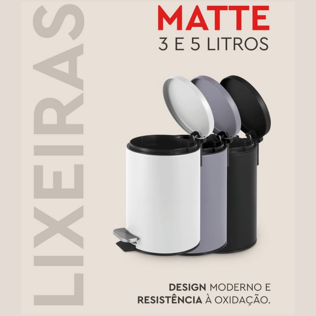 Lixeira Banheiro Escritório Cozinha Aço Inox Preta Branca Cinza 3 e 5 Litros Pedal e Cesto Removível Kits