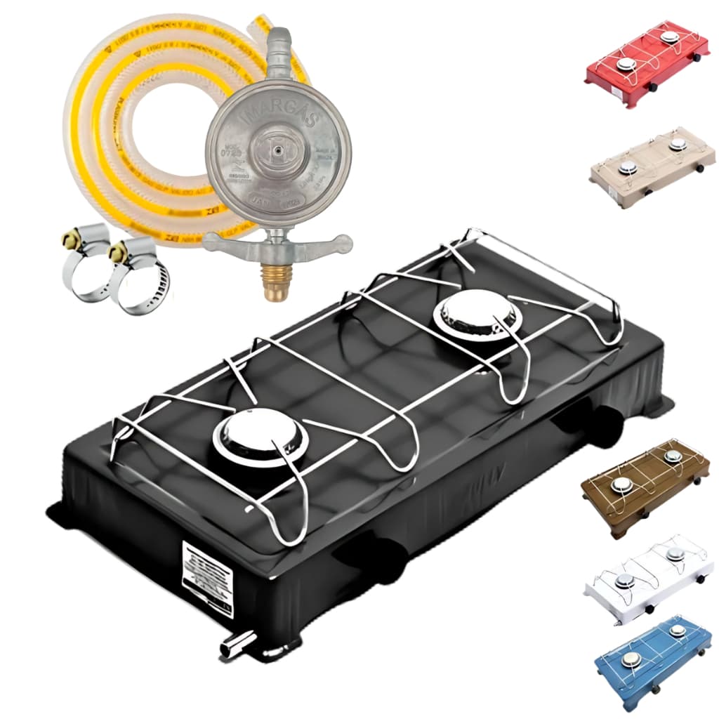 Kit Fogão Cooktop De Mesa Portátil A Gás 2 Bocas Camping  Mangueira Regulador Abraçadeiras Aço
