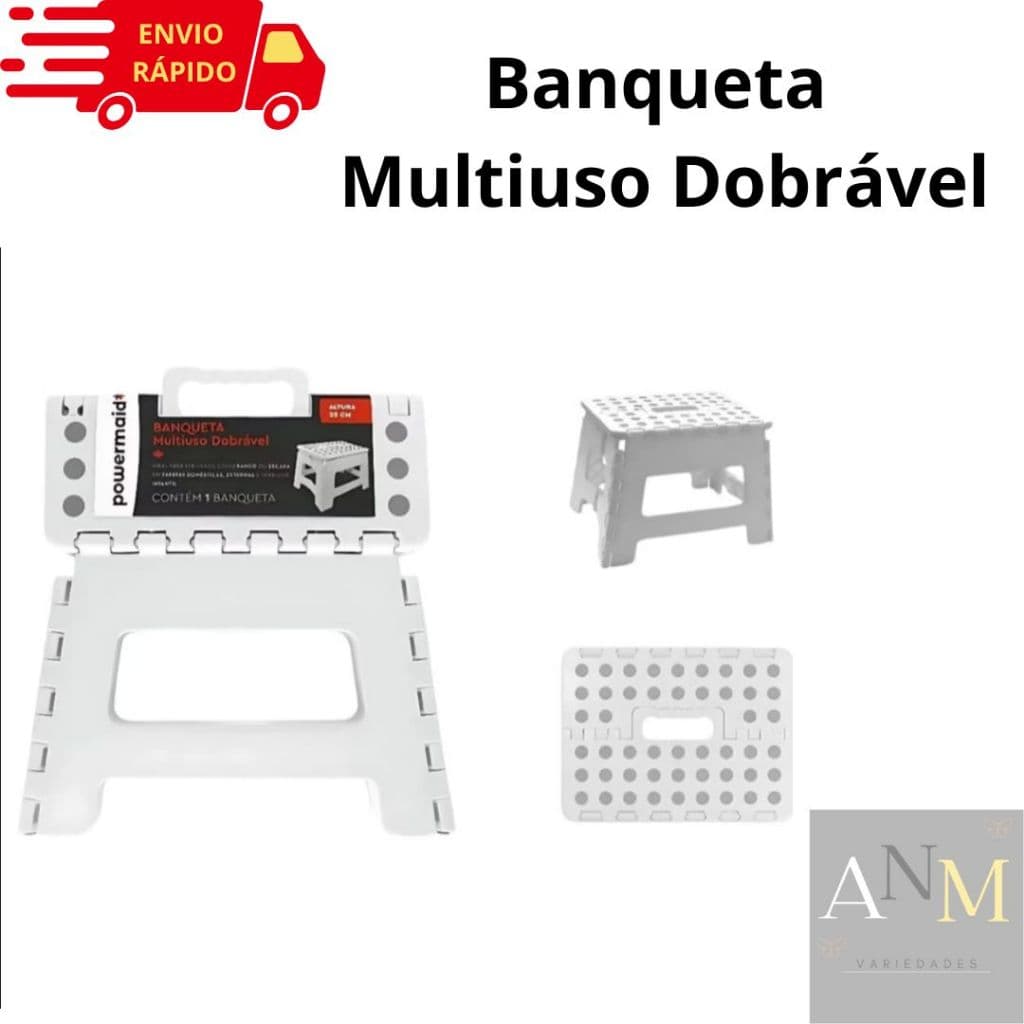 Banqueta Banco Multiuso Dobrável Com Alça Até 150 Kg Forte Portátil Powermaid Banquinho Camesa