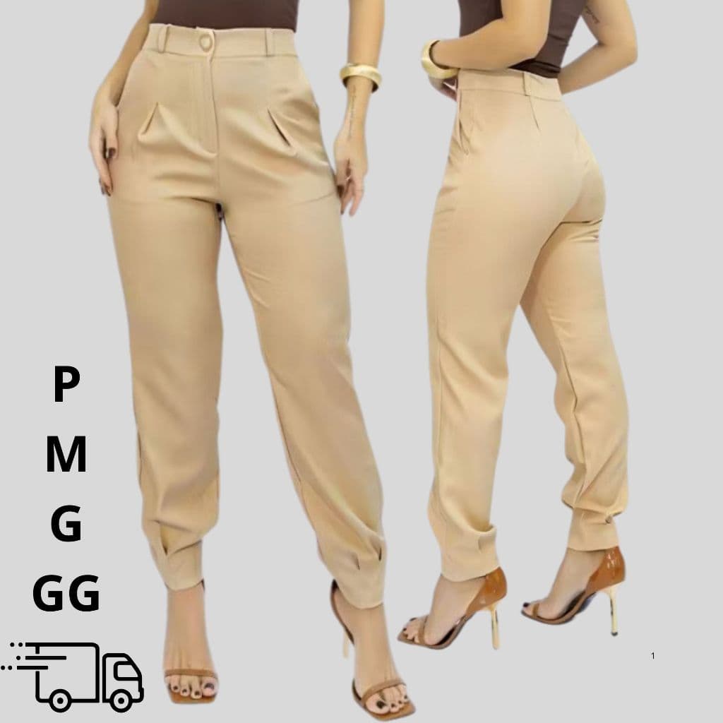 Calça Cenoura Feminina Alfaiataria Cintura Alta com Zíper Frontal, Bolsos e Pence
