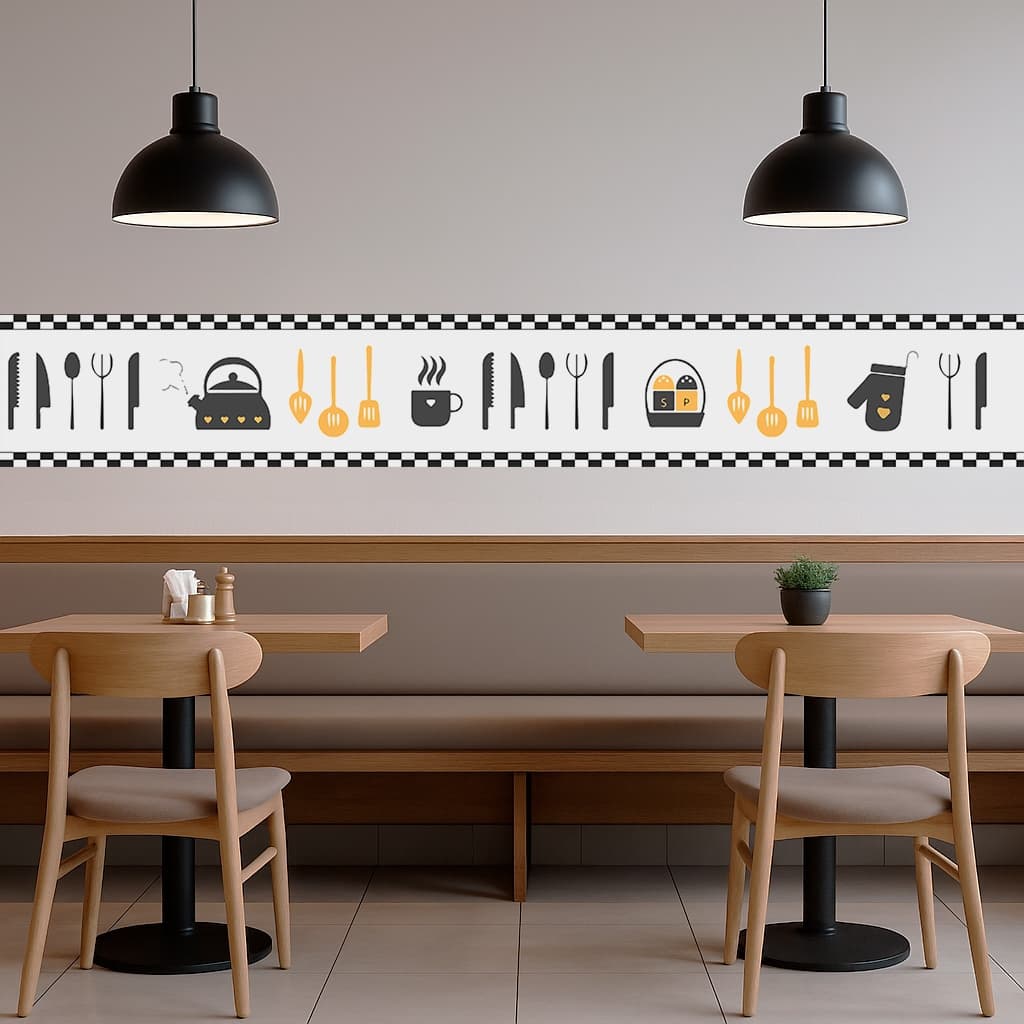 Faixa Decorativa Autoadesiva Cozinha 1m x 15cm Vinil Lavável Antimofo Restaurante Lanchonete Higienização Fácil