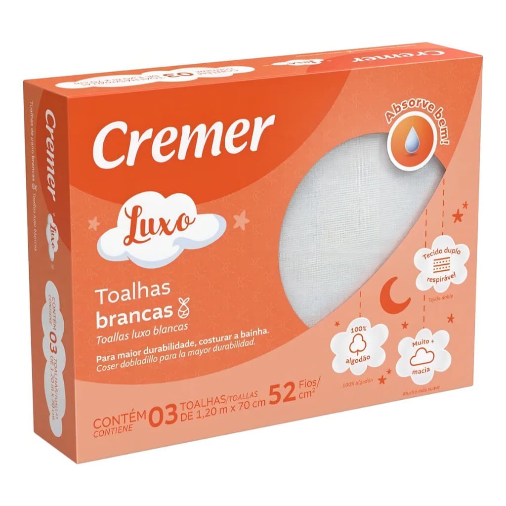 Toalha de Pano Luxo Branca Com 3 Unidades 1,20m x 70cm Cremer