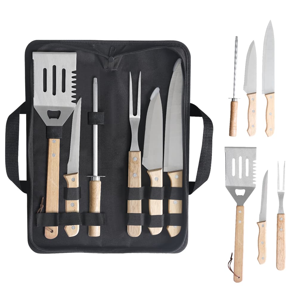 Kit Churrasco 7 Peças Aço Inox e Estojo Resistente com Facas Garfo Espátula Amolador Grillrelax