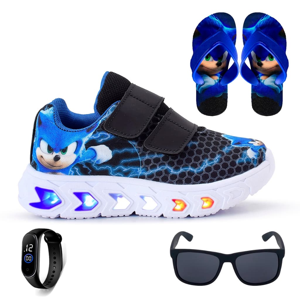 kit Tênis Masculino Infantil De Led Meninos Sonic Velcro Preto + Chinelo + Óculos e Relógio Linkito