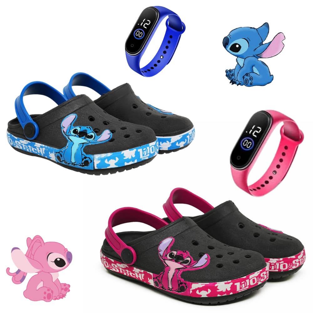 Babuche Infantil Stitch  + Relógio Digital – Confortável, Antiderrapante e Leve