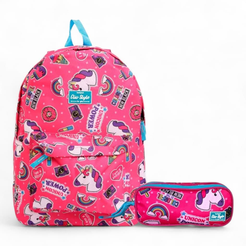 Mochila Bolsa de Costas Feminina com Estojo Escolar Casual Passeio Menina Fofa