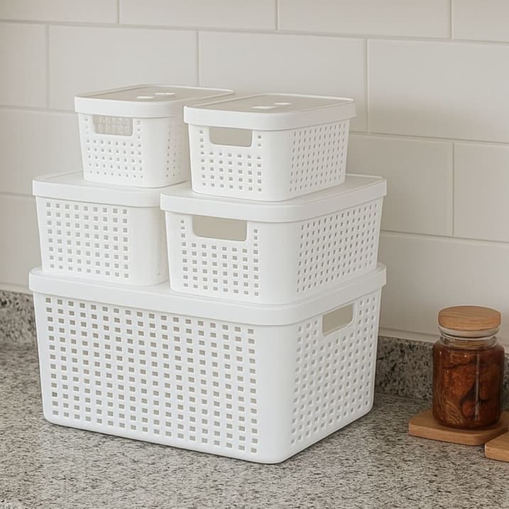 Kit 5 Caixas Organizadoras Com Tampa Cesto Grande em Plástico Resistente 2L/4,5L/17L