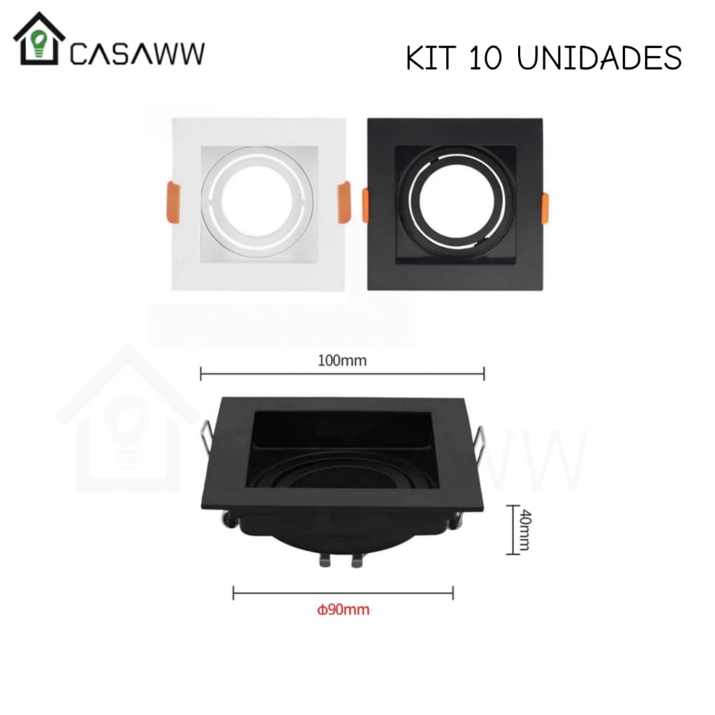 Kit 10 Spot Recuado Preto Moldura Spot Para Dicroica Mr16 Gu10 Com Soquete Spot Preto Embutido