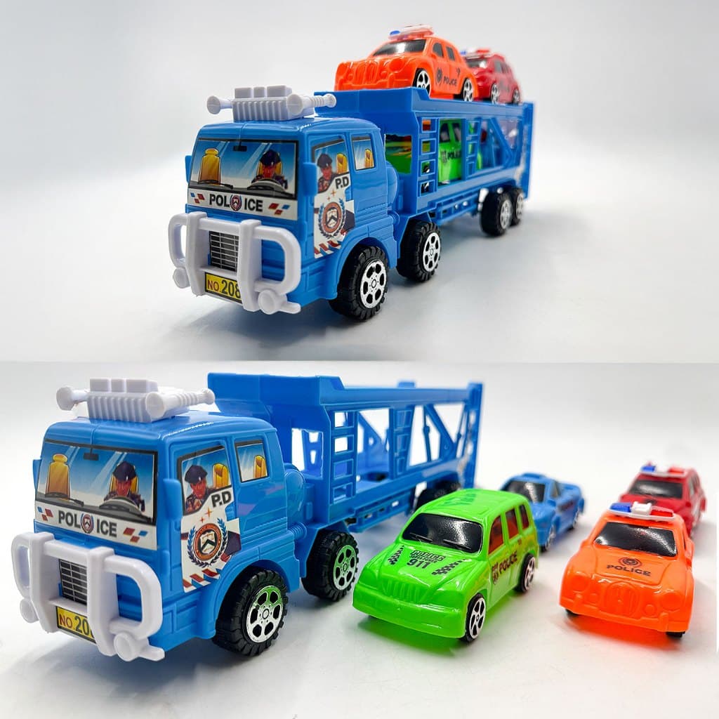 Caminhão Cegonha Transportador de Carros de Polícia com 4 Veículos – Brinquedo de Fricção 30cm