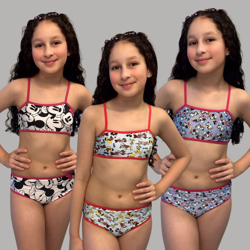 Kit 03 Conjuntos Calcinha e Top Infantil Menina Moça Estampado.