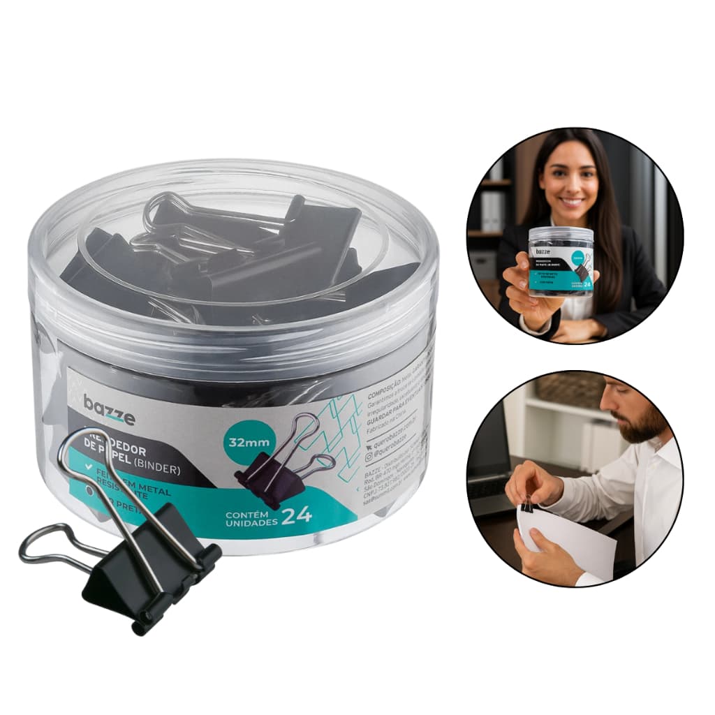 Prendedor de Papel Binder 32 mm BAZZE Pote com 24 Unidades Clips Borboleta