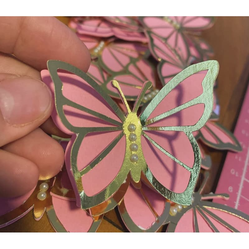 APLIQUES com Kit de 30 Borboletas Decorativas - Rosa e Dourado com Pérolas