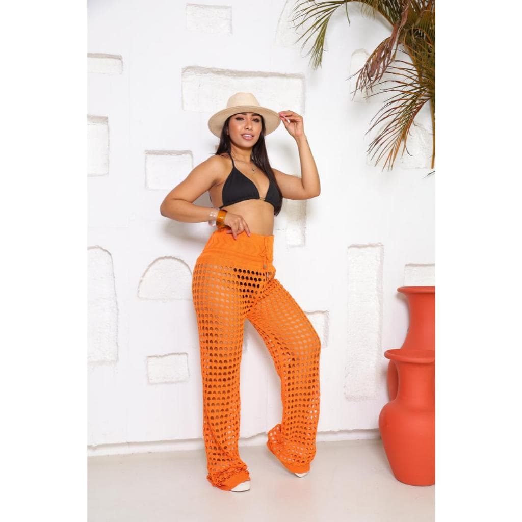 Saída de Praia Calça Pantalona Furinhos Tricô Tricot Crochê Tendência Verão