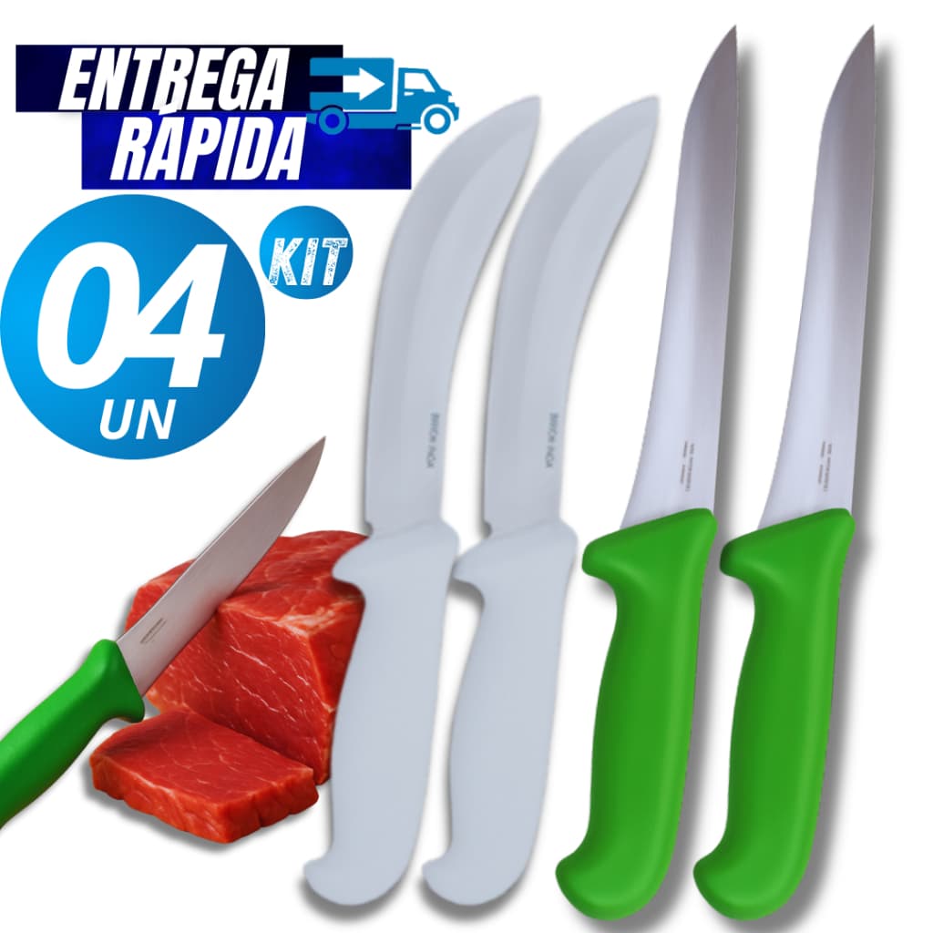 Jogo 4/2 Un  Faca Desossa Profissional Açougue + Faca Tira Couro Profissional Lâmina Aço Linha Premium