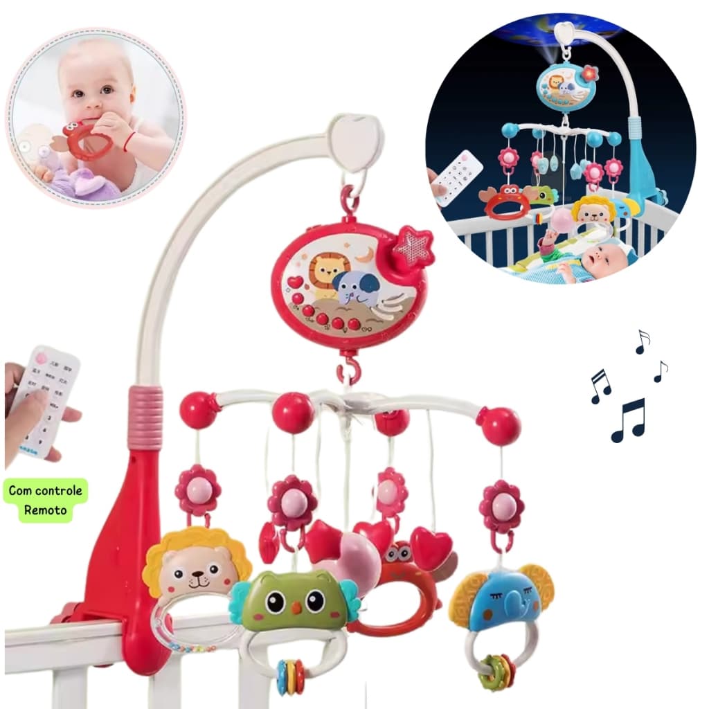 Móbile Musical Infantil Berço Giratório Projetor com Controle Remoto Animais Shopx