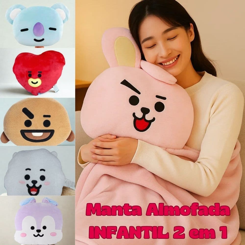 Almofada Vira Manta Cobertor Personagens BT21 TBS K-pop Inverno Infantil Bichinho Pelúcia 2 em Um para Viagens Escolinha