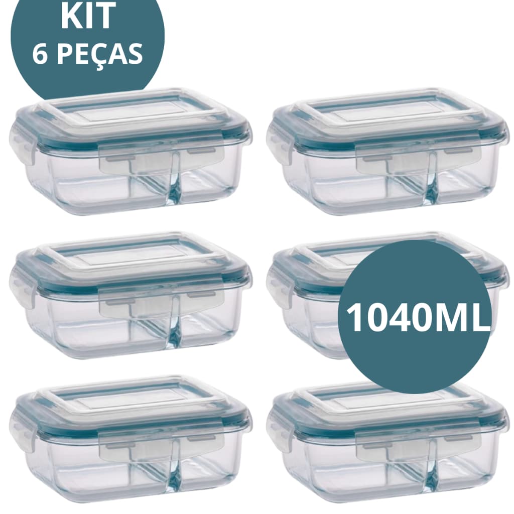 6 Potes De Vidro Hermético Mantimentos Marmita Refratário 1040ml Com Divisória 4 Travas