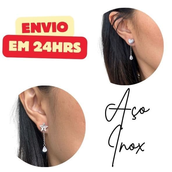Brinco aço inox de estrela ou coração com zircônia - anti-alérgico - não escurece - com uma zircônia redonda pendurada
