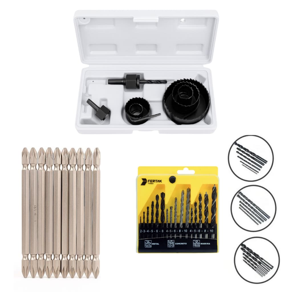 Kit Ferramentas Com Jogo 16 Brocas E Maleta Serra Copo E Jogo 10 Bits PH02 Duplo