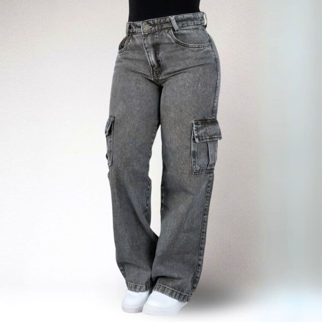 Calça Cargo Jeans Feminina Wide Leg grafite tecido algodão cintura alta cinza moda blogueira