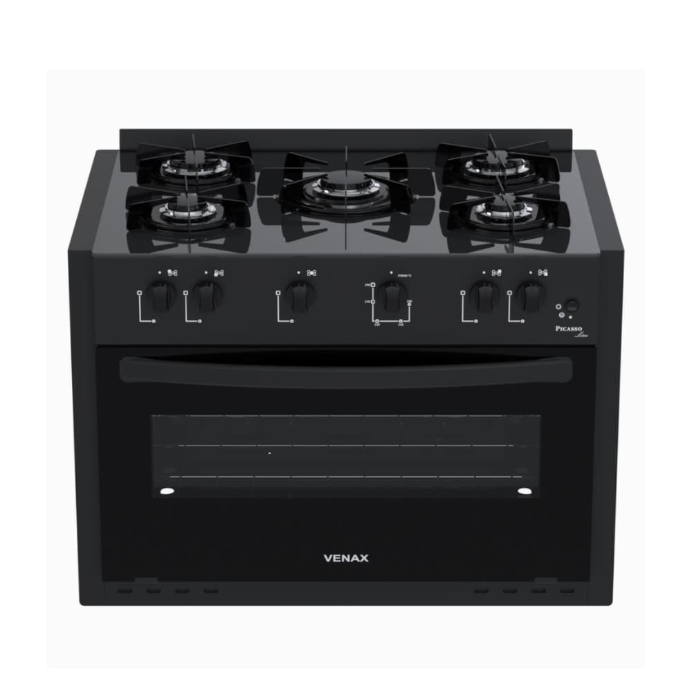 Fogão a Gás de Embutir Venax 5 Bocas, Mesa de Vidro, Acendimento Automático, Forno 88,3L Bivolt