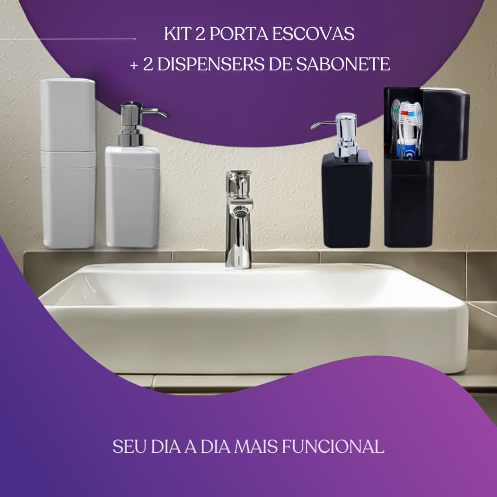 2 Unidades Kit Banheiro com Porta Escova de Dente e Dispenser para Sabonete Líquido