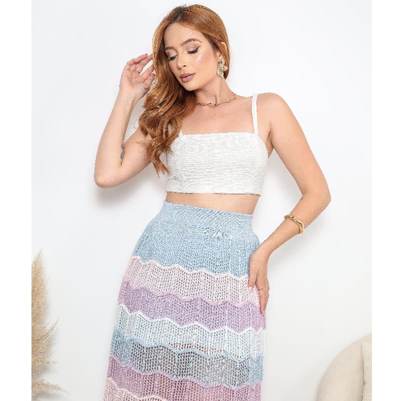Saia Midi Tricô Listrada Moda Premium Feminina Versátil Elegante Verão